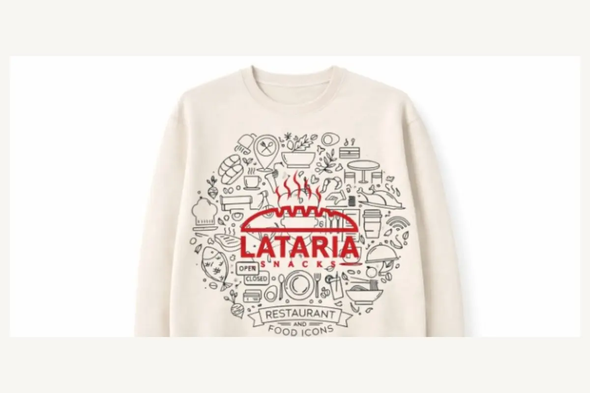 LATARIA – Illustrationsmotiv mit LATARIA-Schriftzug auf einem Sweatshirt.