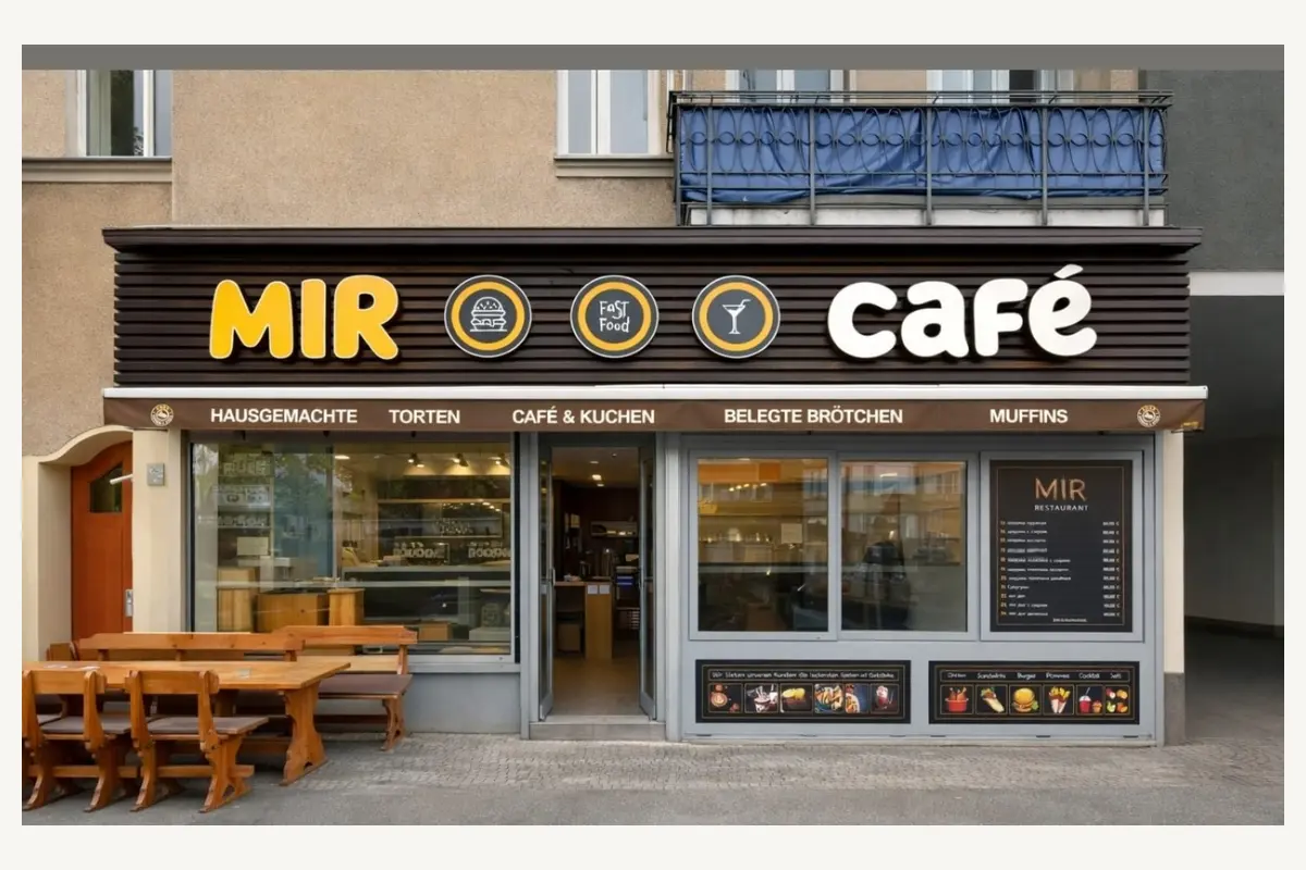 MIR Café – Fassadenauftritt und Markenanwendungen.