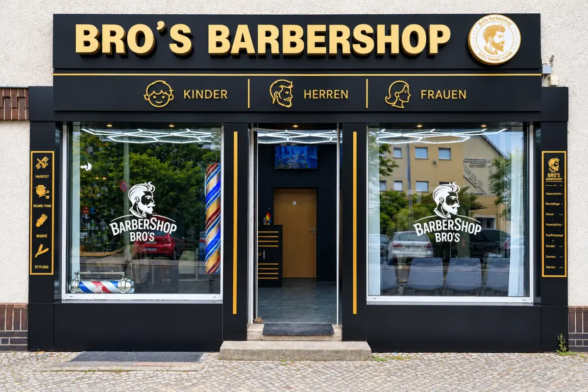 BRO’S BARBERSHOP – Schwarz-goldene Beschilderung und Glasbeschriftung.