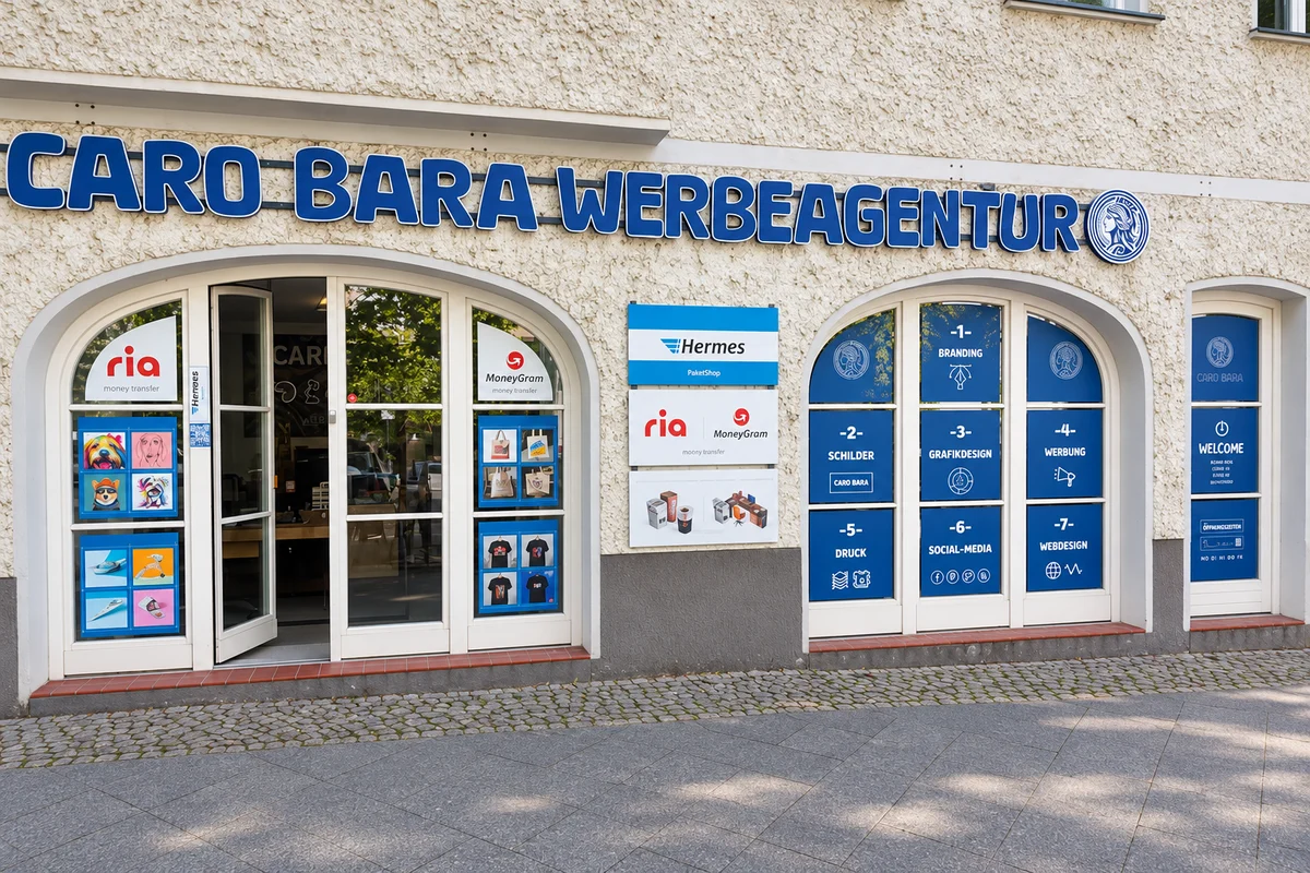 Caro Bara · Fassade – Profilbuchstaben und abgestimmte Fenstergestaltung.