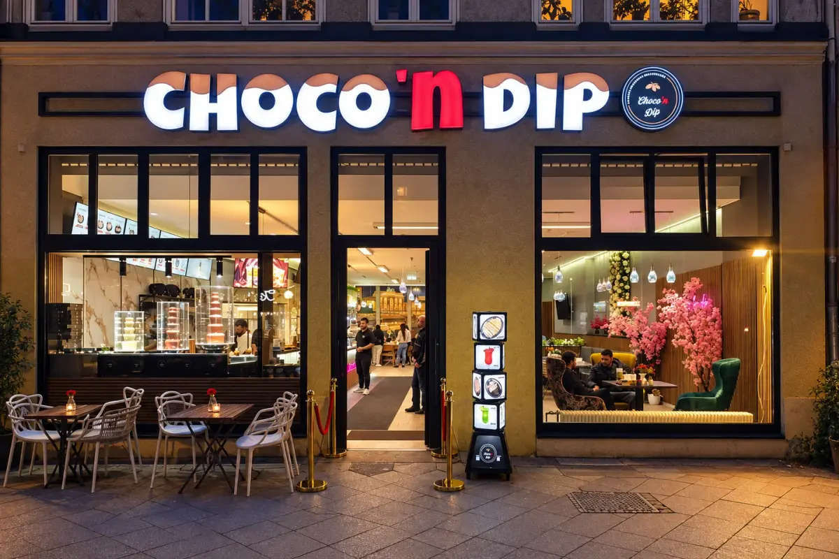 CHOCO ’n DIP – Leuchtbuchstaben und Fassadenauftritt.