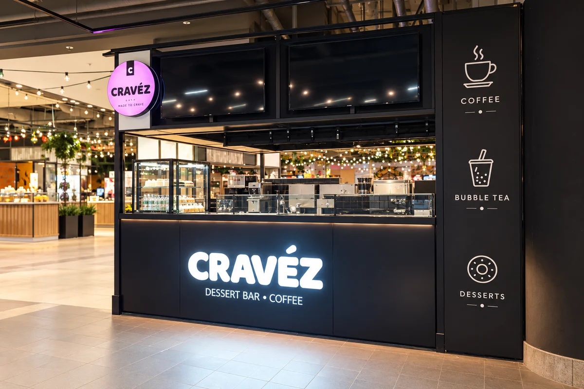 CRAVÉZ – Leuchtlogo, Thekenbeschriftung und Wandgrafiken.