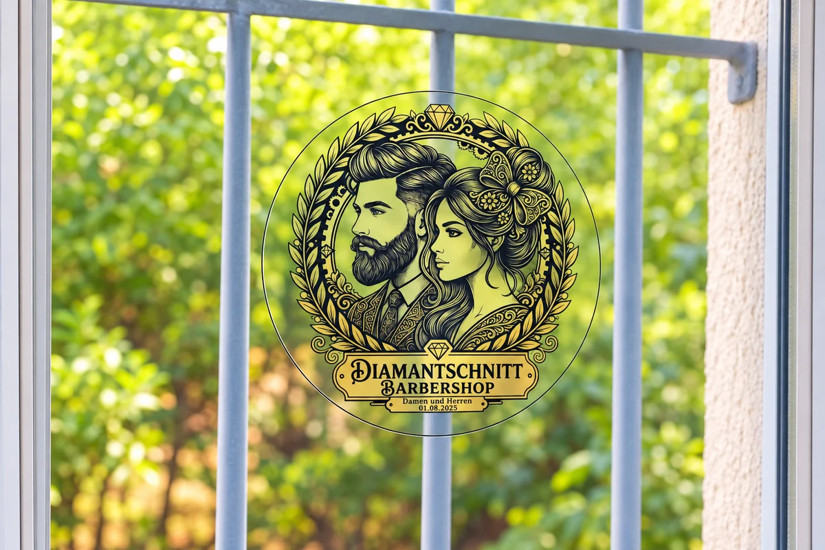 Diamantschnitt Barbershop – Detailreiche Logo-Beschriftung auf Glas.
