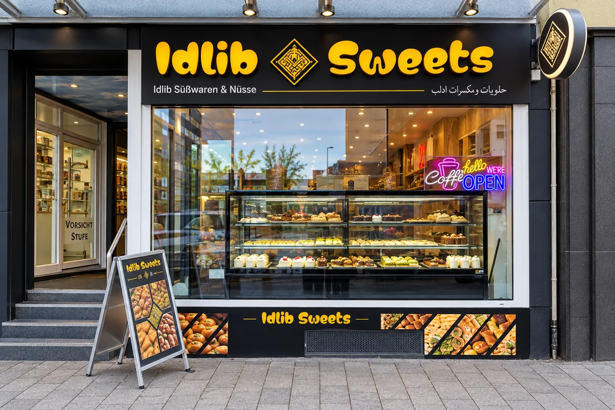 Idlib Sweets – Fassadenschild und bedruckte Schaufensterflächen.