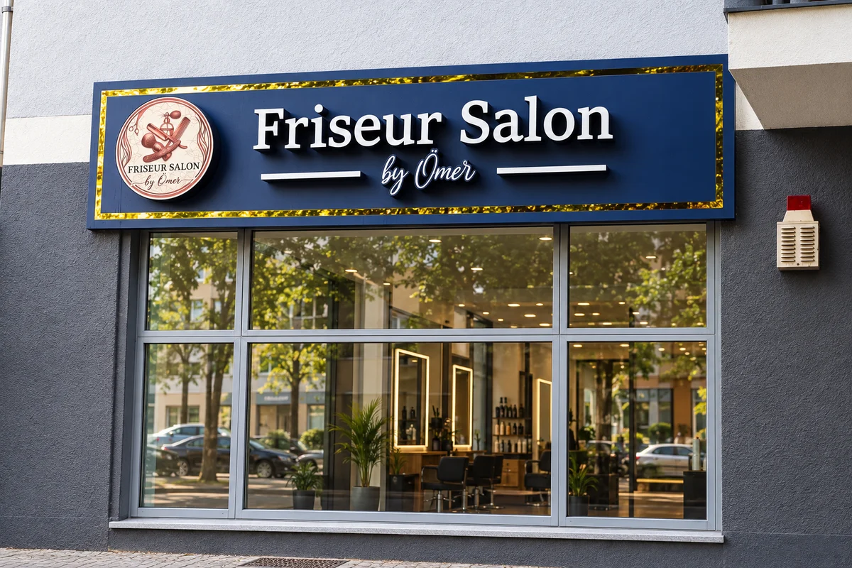 Friseur Salon by Ömer – Profilbuchstaben und runde Logotafel.