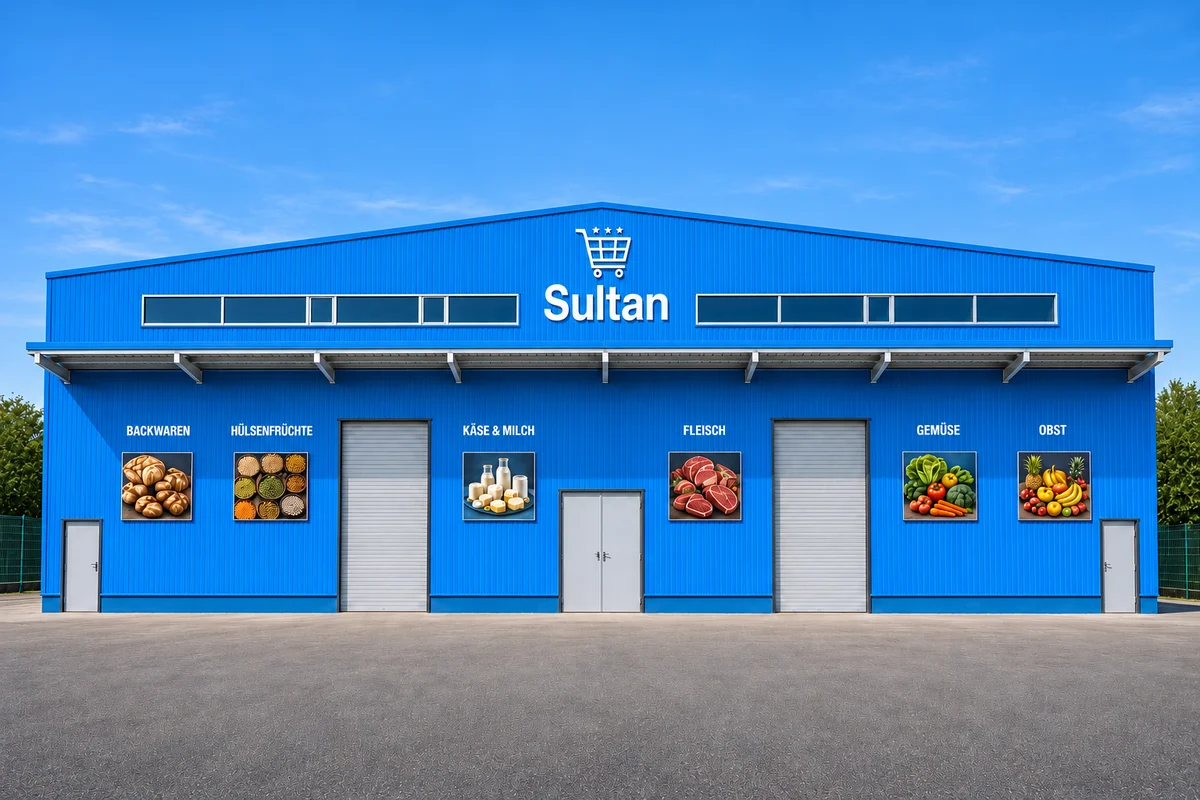 Sultan – Fassadenbeschriftung und großformatige Warenmotive.