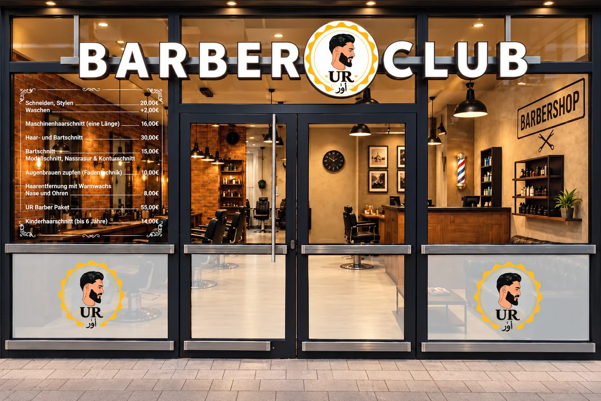 UR Barber Club – Leuchtbuchstaben, Glasdekor und Fensterbeschriftung.